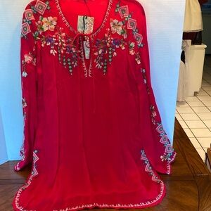 Johnny Was pink embroidered tunic with long sleeves
